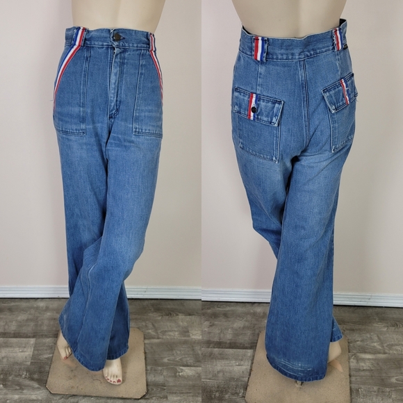Wrangler Denim - Vintage 1970s wrangler jeans, wide leg/flare. Red, white and blue striped trim